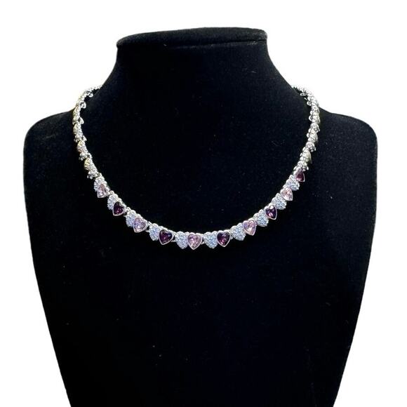 Swarovski Signed Heart Choker Necklace, Pink and Purple Stones, Rhodium Plated - Picture 4 of 8